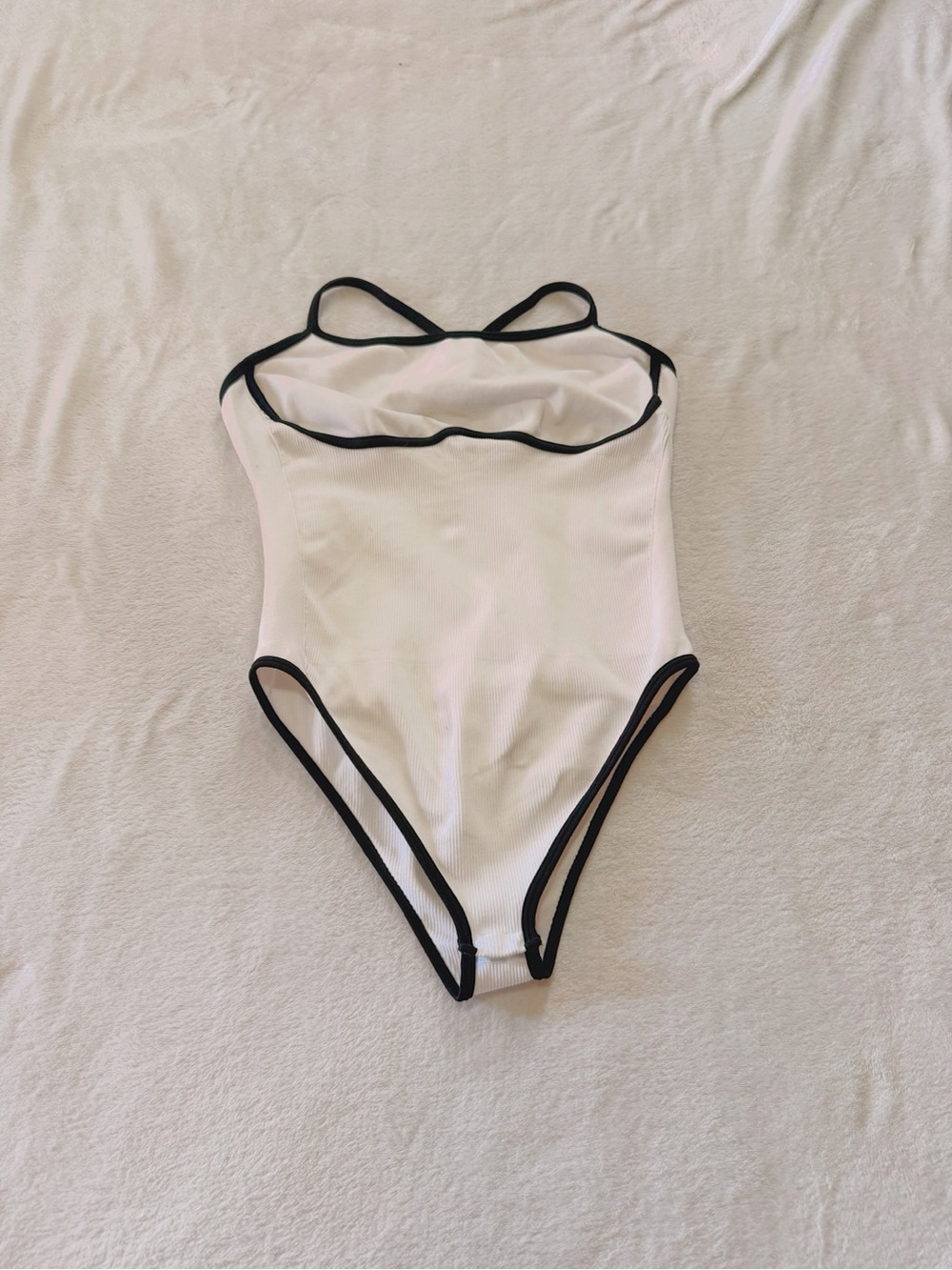 White Ribbed Bodysuit with Black Trim — Women's Strappy One-Piece